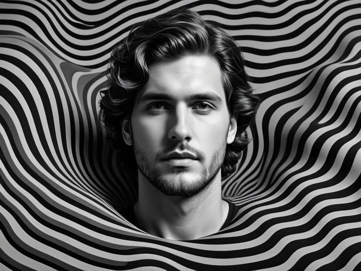 Monochrome Portrait of Young Man in Striped Background