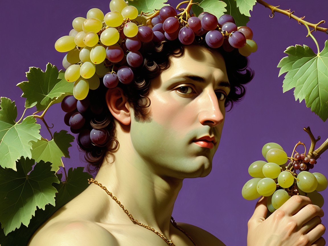 Oil Painting of Young Man's Bust with Grapes and Purple Background