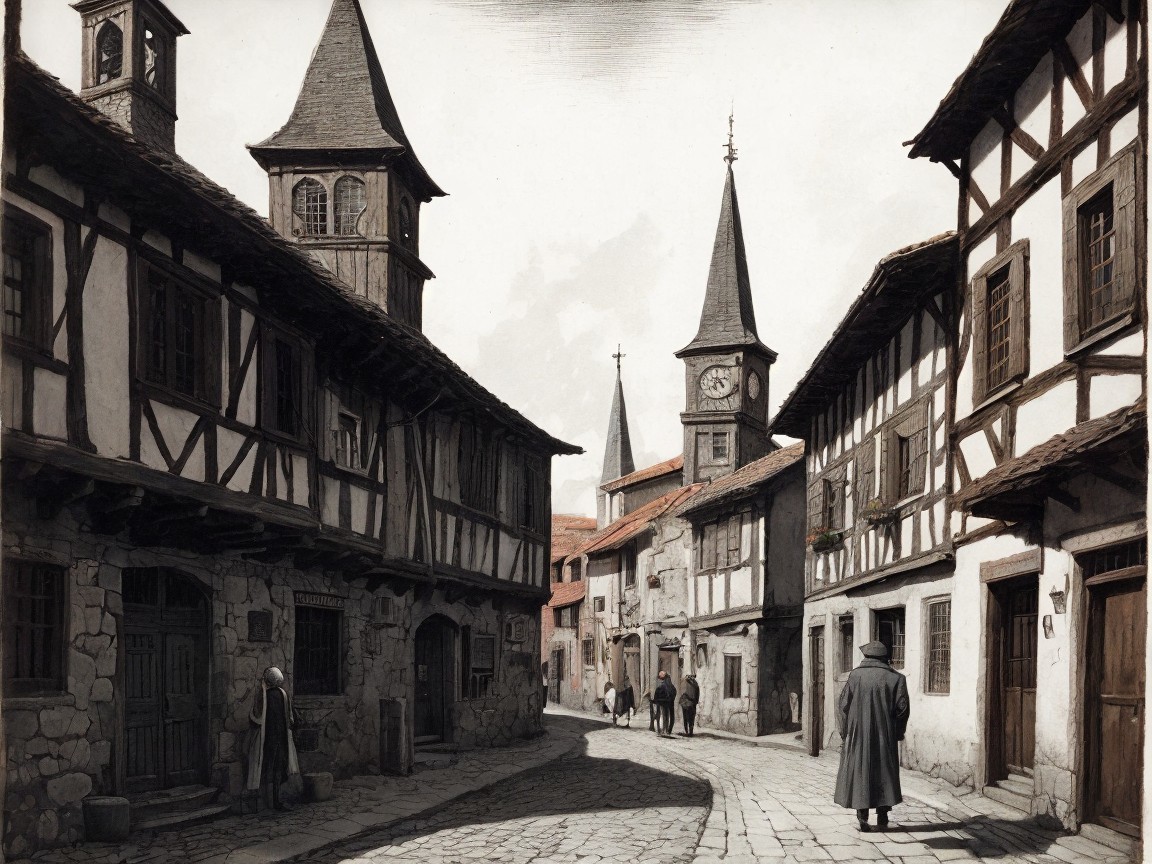 Historic Village Street with Half-Timbered Houses