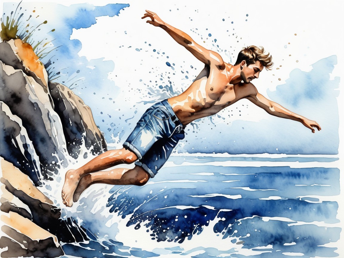 Young man diving into ocean from rocky cliff