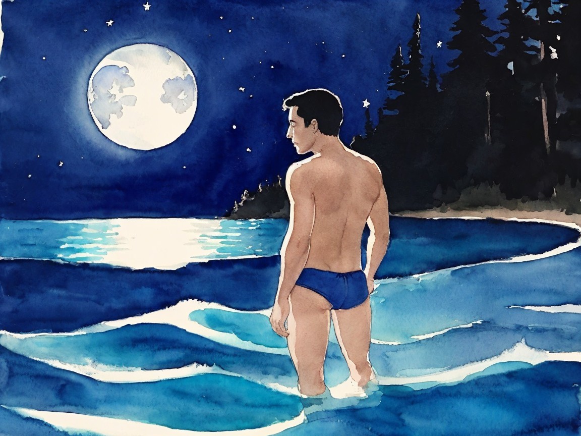Young man in swim trunks by moonlit water