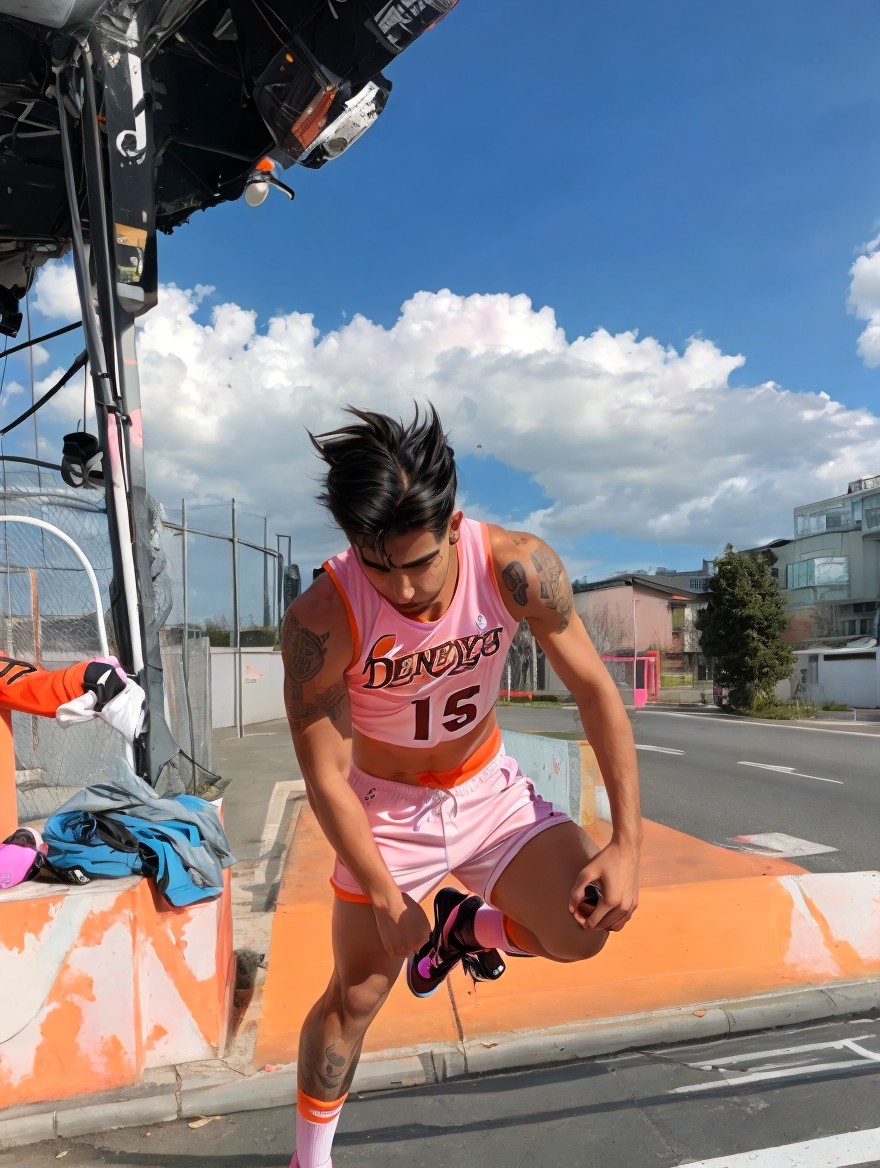 Young Athlete in Pink Uniform with Urban Backdrop