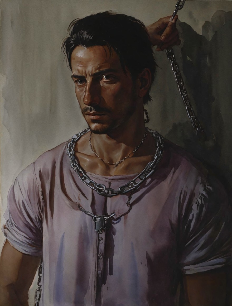 Man in Tattered Shirt with Heavy Chains and Intense Expression