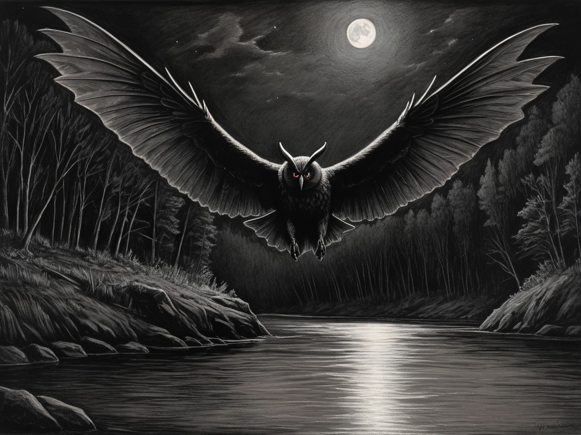 Majestic owl with red eyes over moonlit river scene
