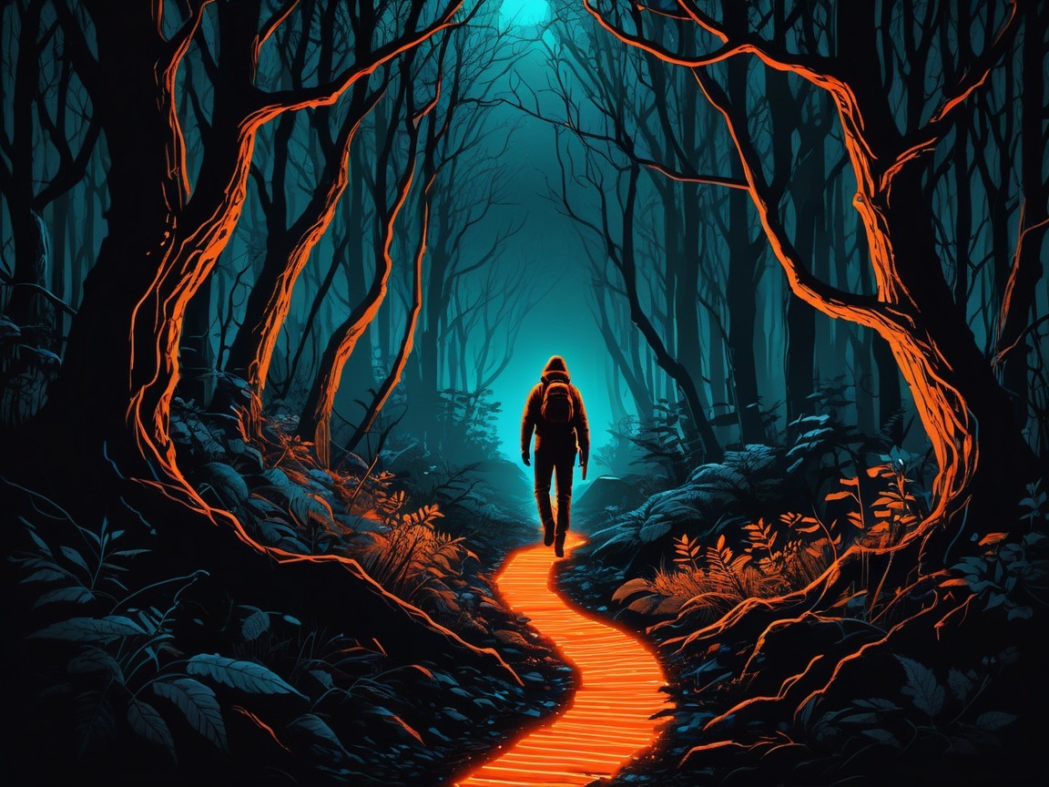 Lone Figure on Glowing Path in Dark Forest