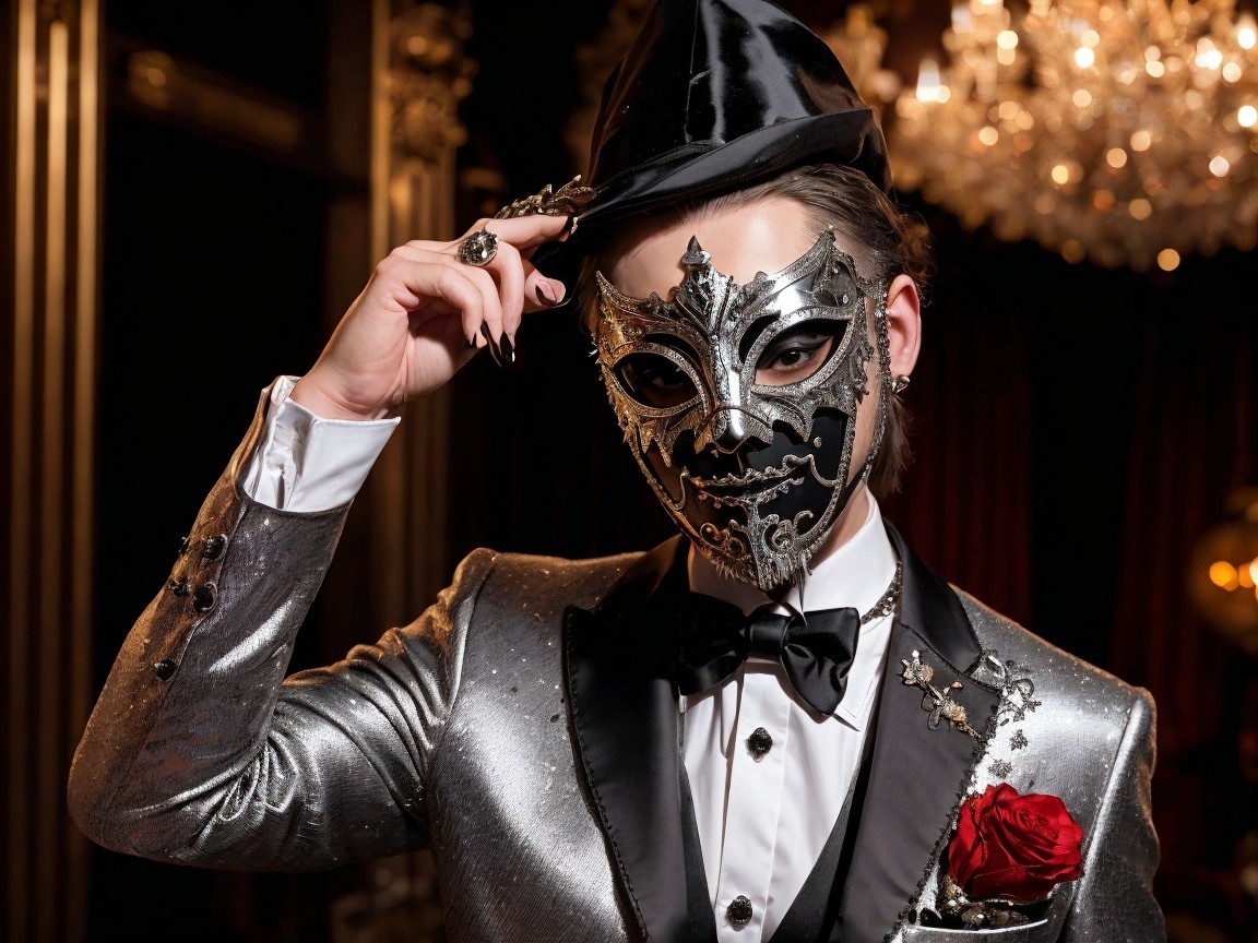 Elegant individual in sequined silver suit and mask