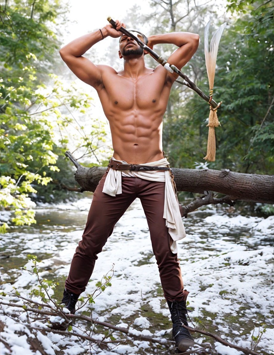 Muscular Man in Outdoor Setting with Snow and Greenery