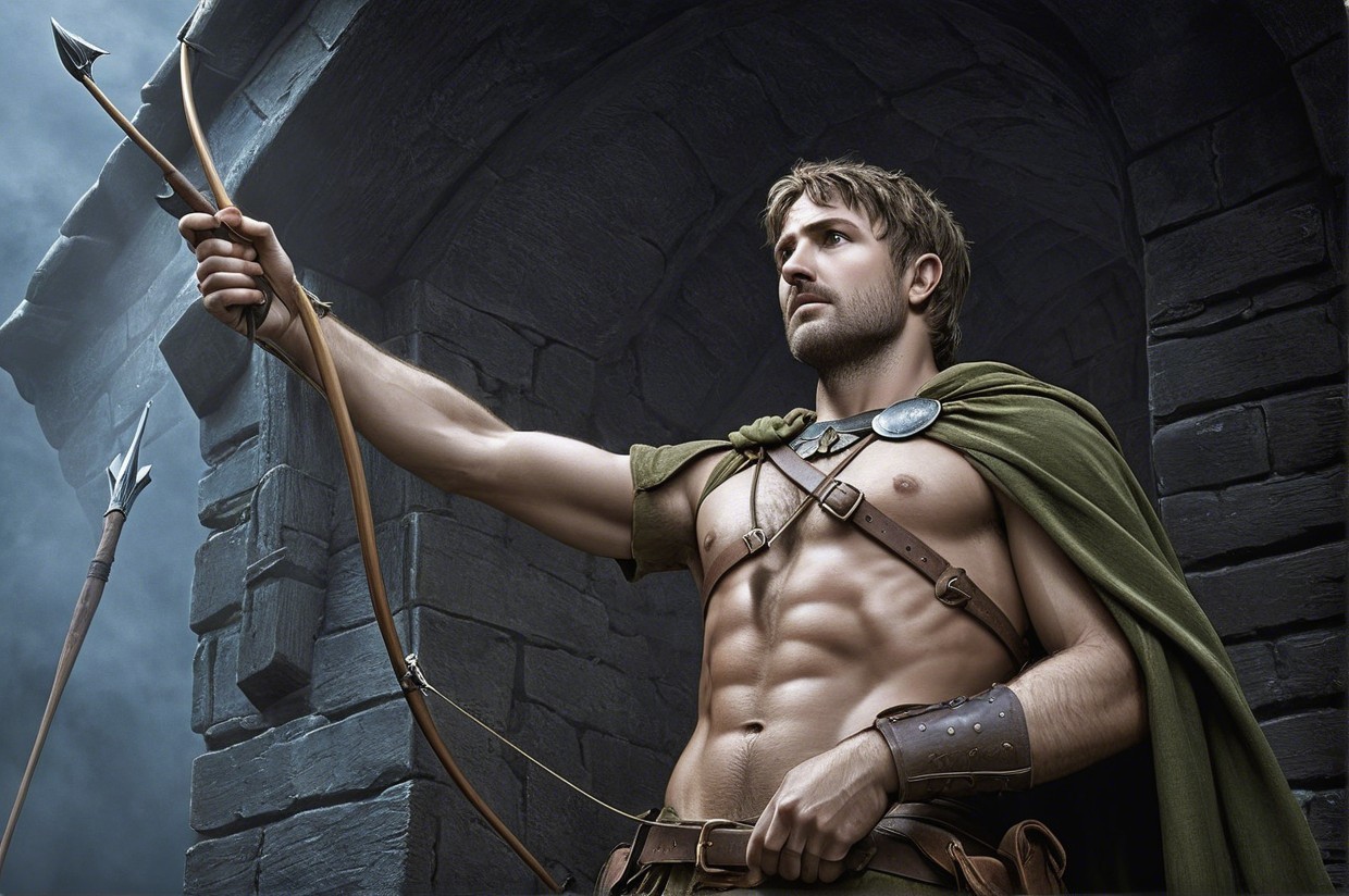 Muscular Archer in Ancient Stone Setting with Bow