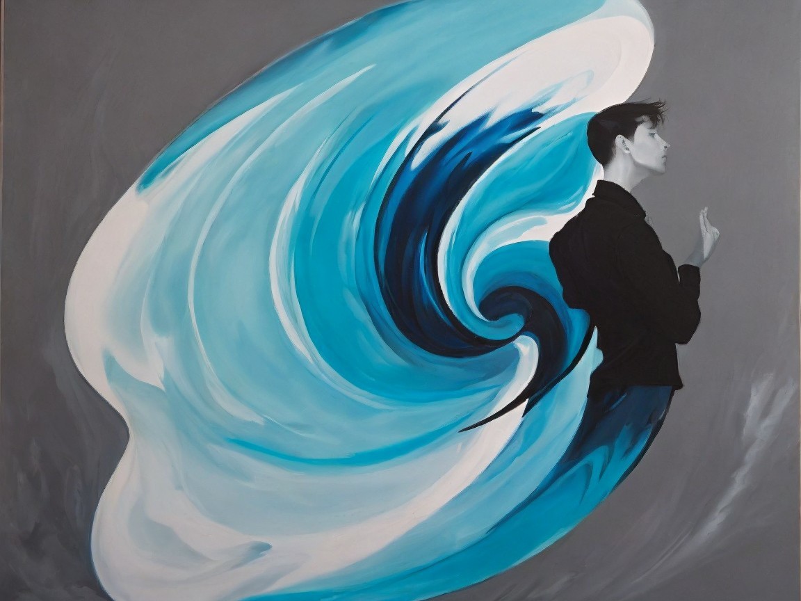 Profile Figure in Black Against Blue and White Waves