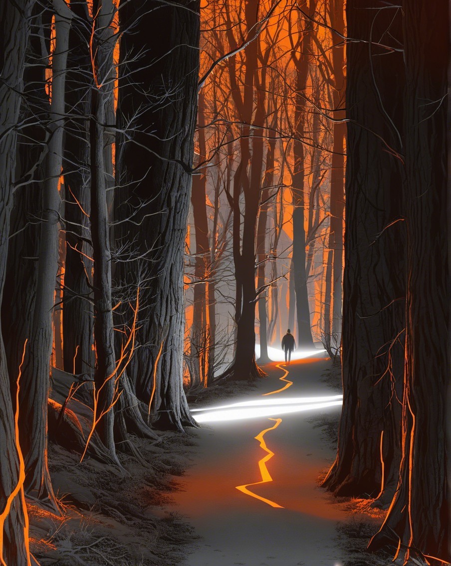 Shadowy Figure on Winding Path in Dark Forest