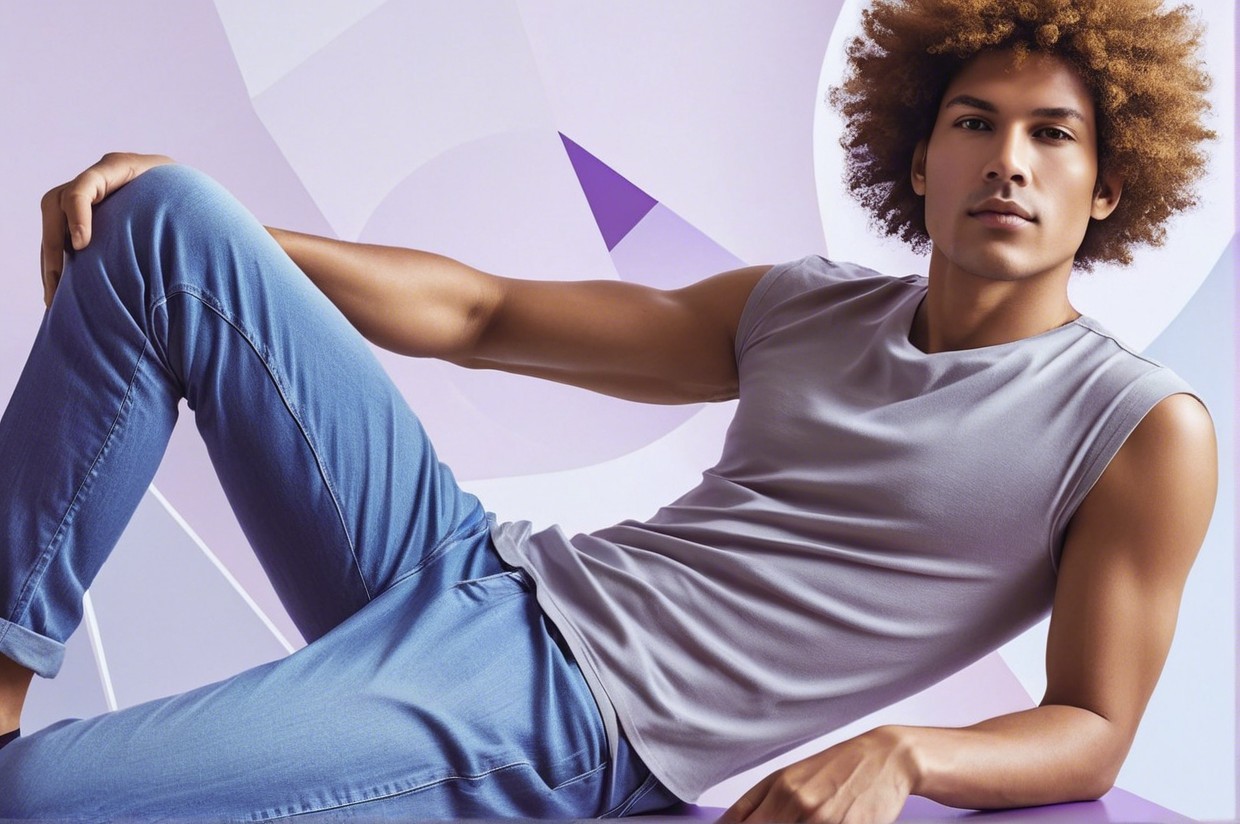 Young man with curly hair in pastel geometric setting