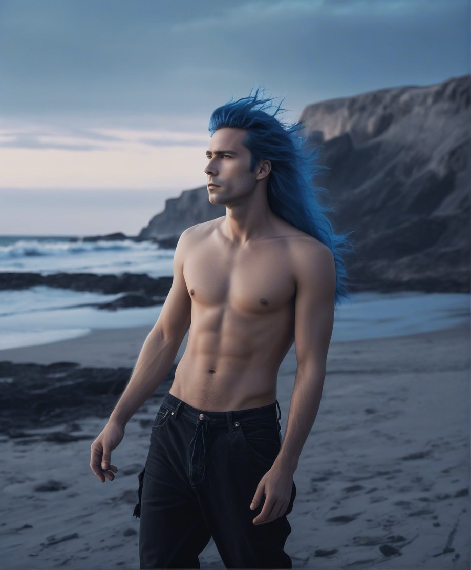 Young man with blue hair on a rugged beach scene