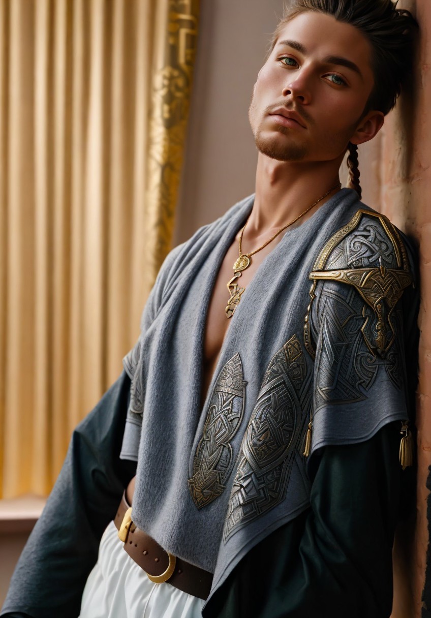 Young man in grey tunic with green eyes and patterns