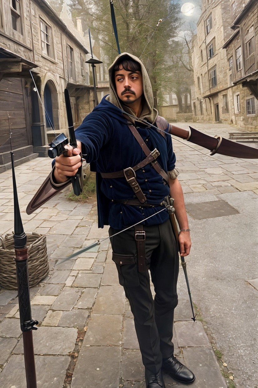 Young man in medieval village with crossbow and fog