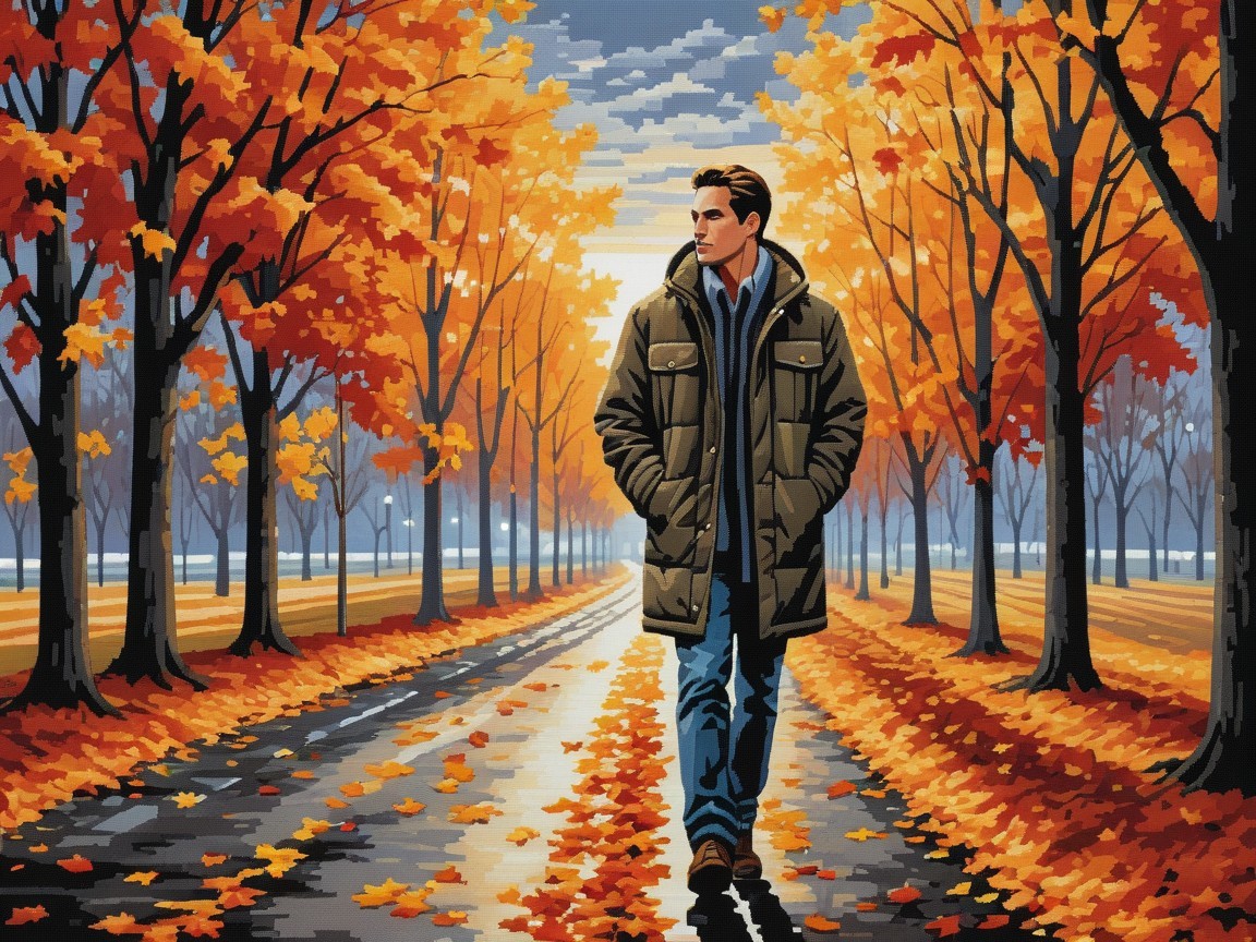 Solitary Figure on Autumn Path with Vibrant Foliage