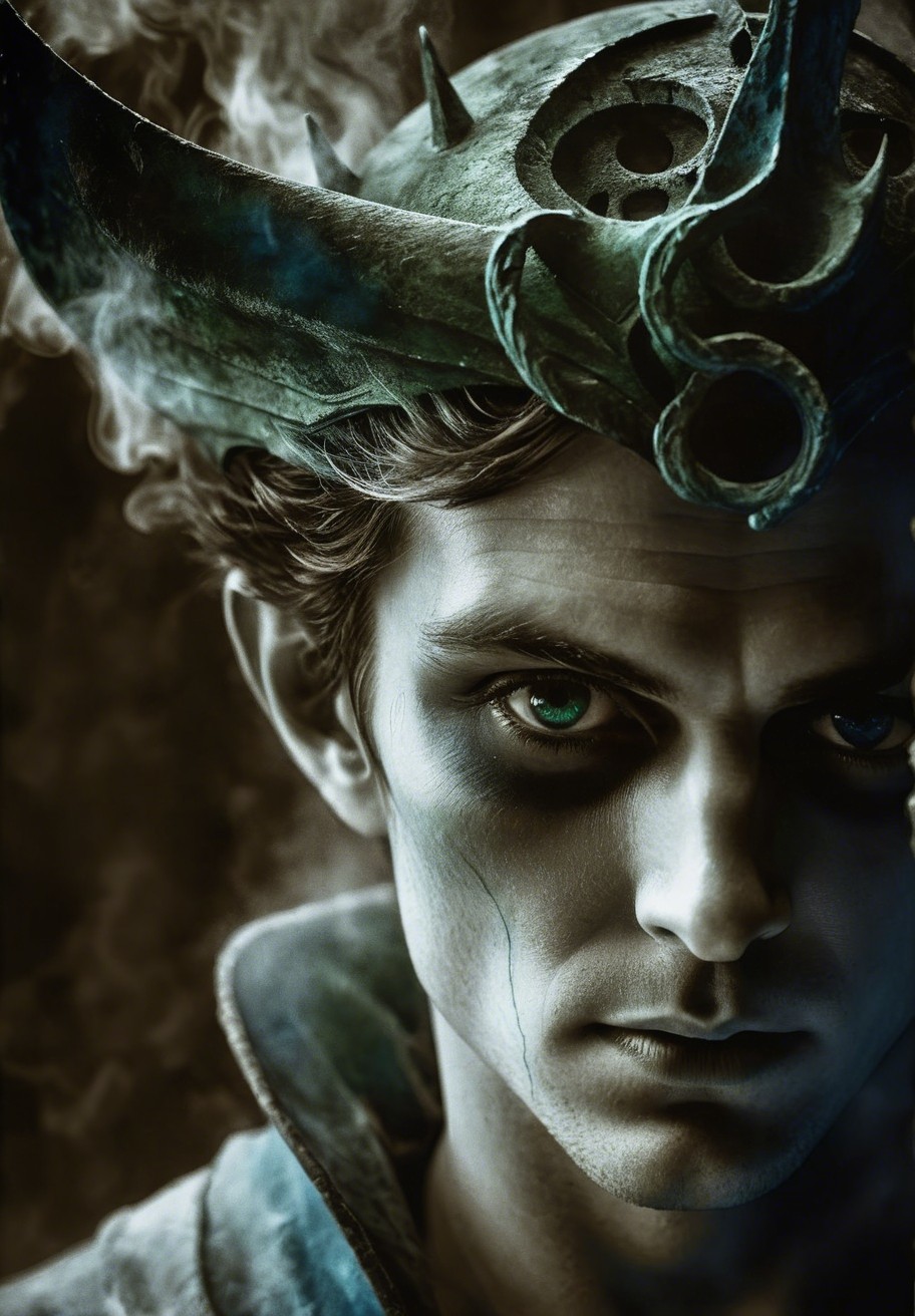 Young man with horned headpiece and smoke background