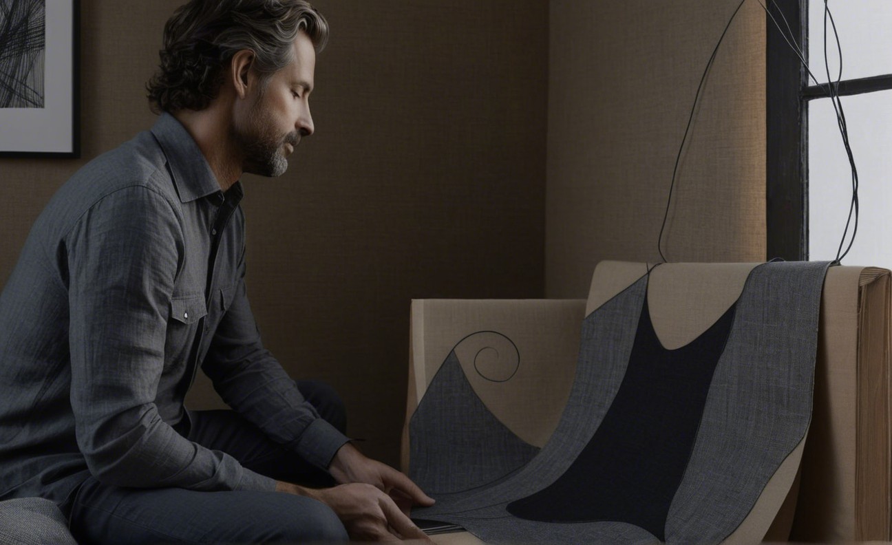 Man Examining Textured Gray Fabric by Window