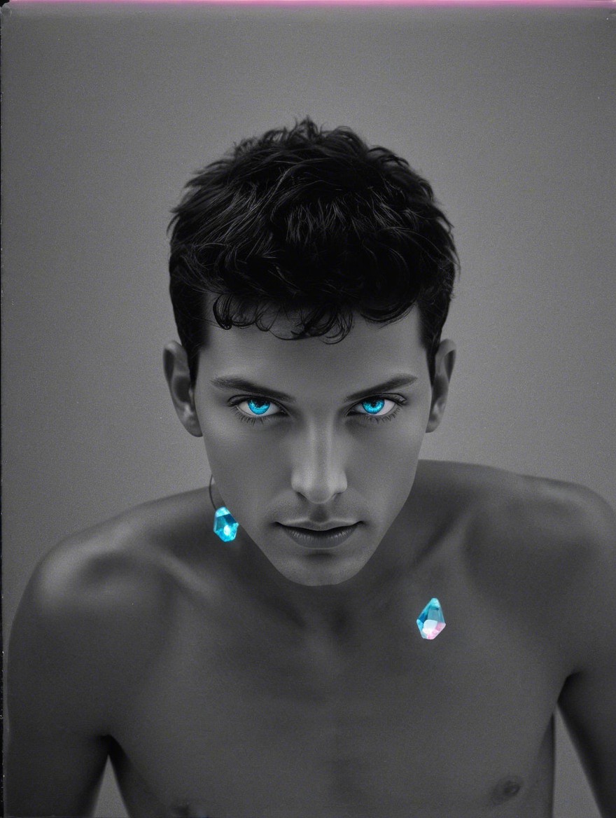 Black-and-white portrait of a young man with gemstones