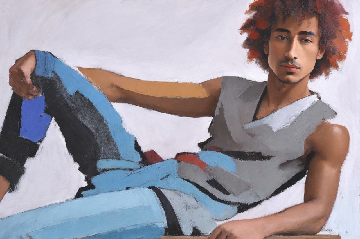 Young man with curly red hair in casual attire