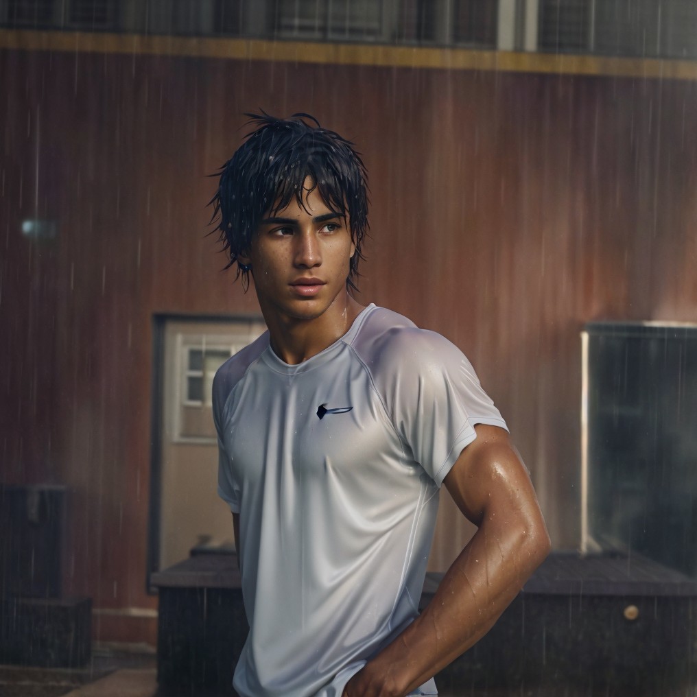 Young athlete in rain with determined expression