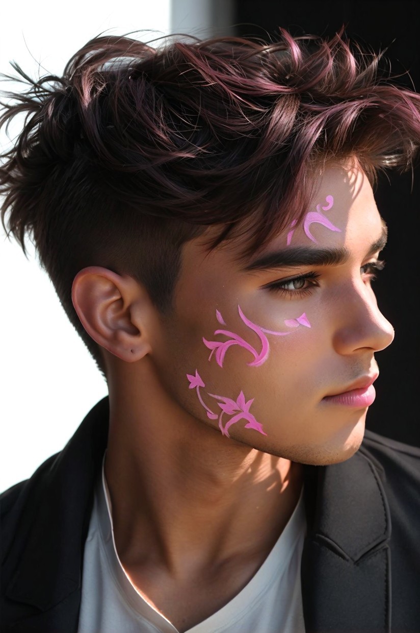 Young man with floral face paint and blazer attire