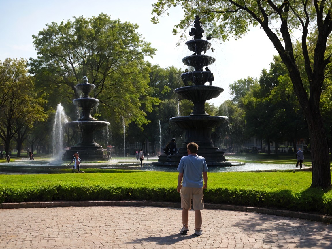 Serene Park Scene with Fountains and Lush Greenery