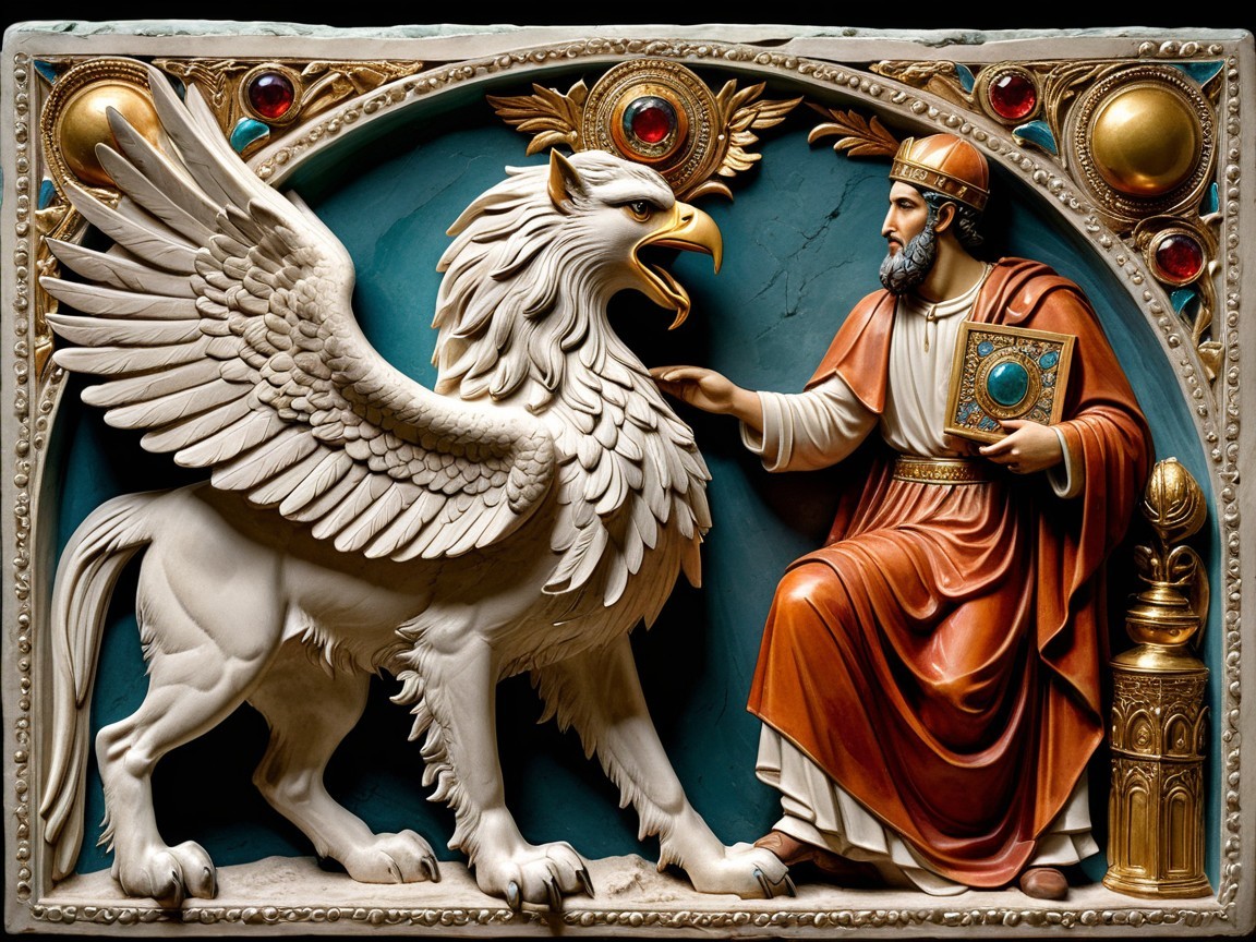 Relief Sculpture of Regal Figure and Griffin Creature