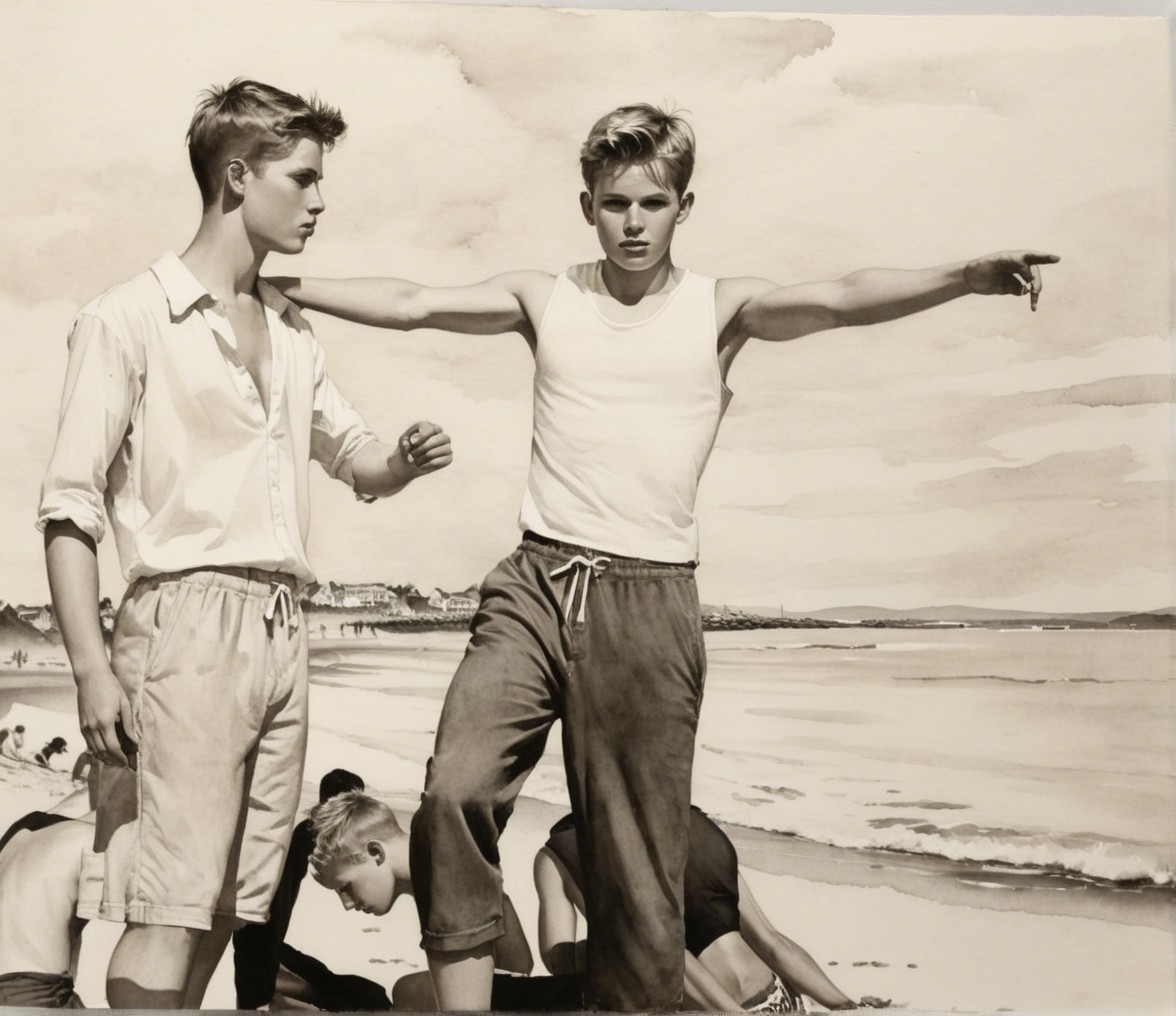 Teenage Boys at the Beach with Thoughtful Expressions