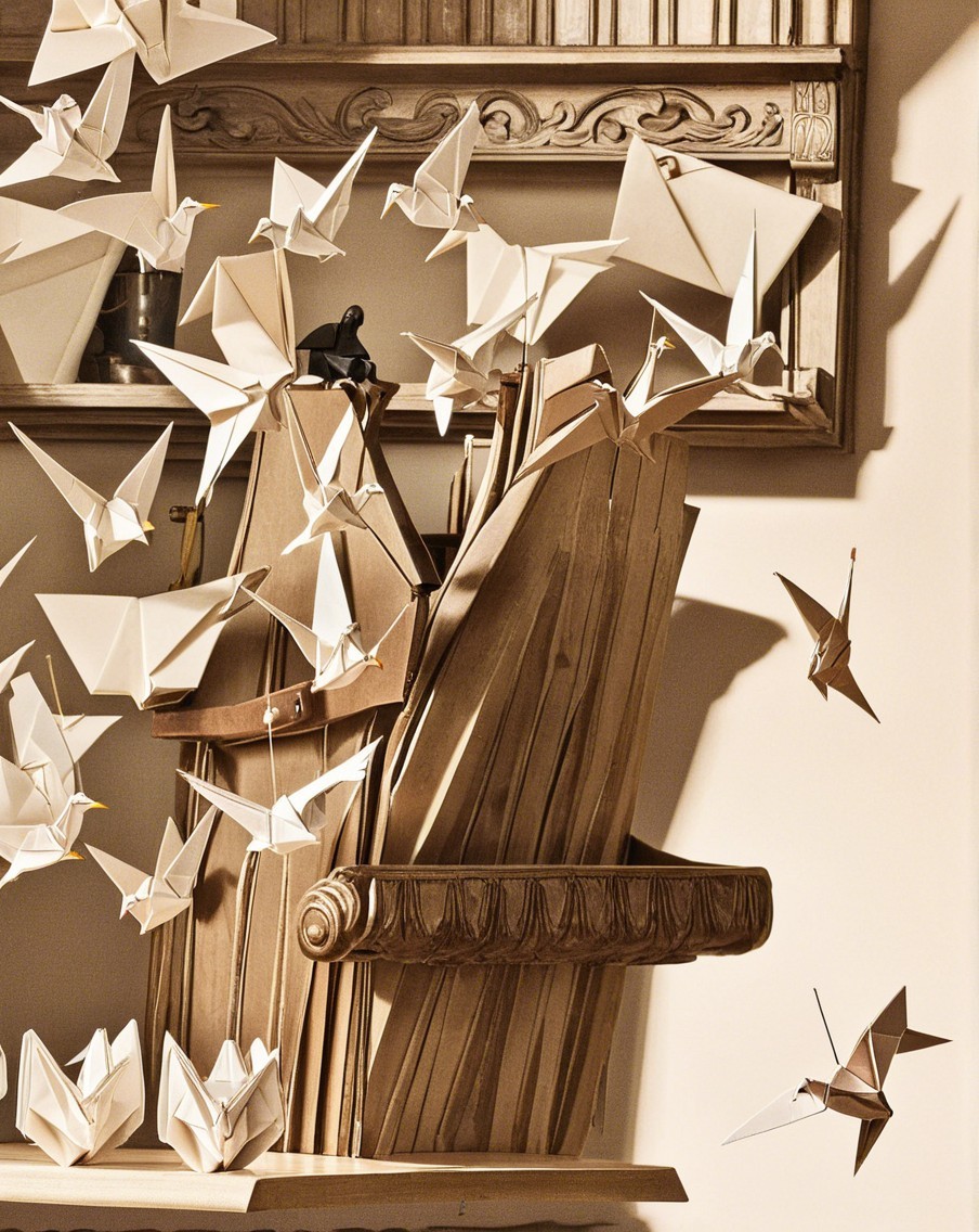Delicate White Origami Cranes from Ornate Chair