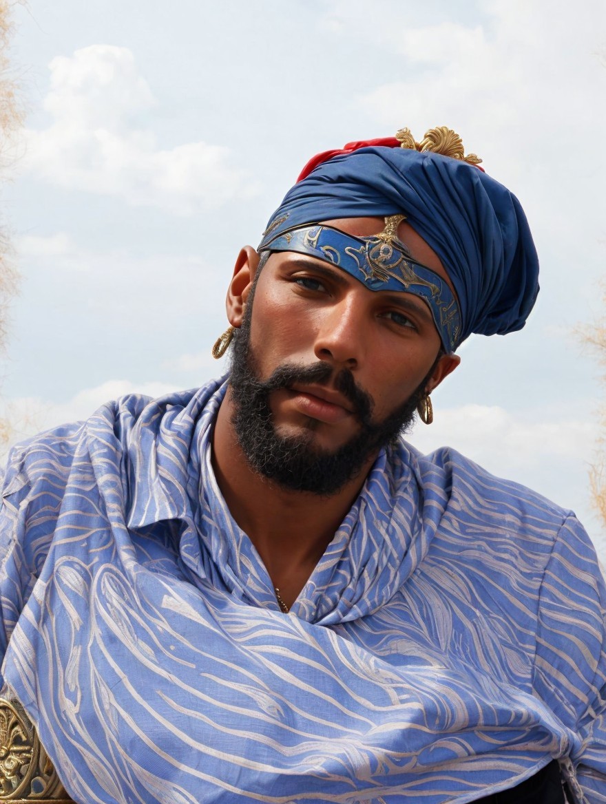 Confident Man in Blue Turban Against Cloudy Sky