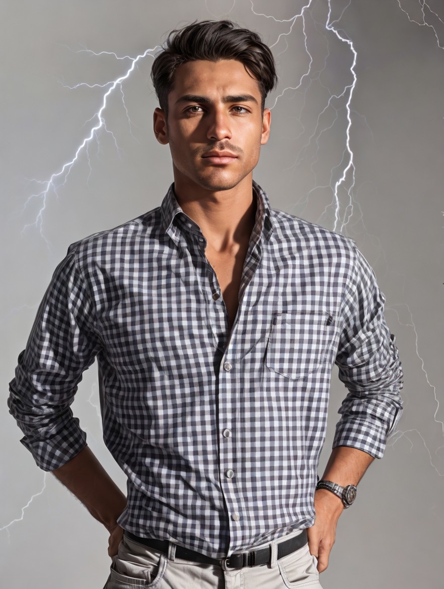 Young man in checkered shirt against lightning backdrop