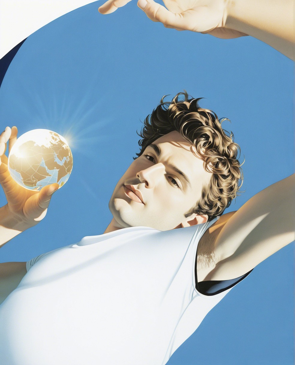 Hyper-detailed painting of a young man with globe