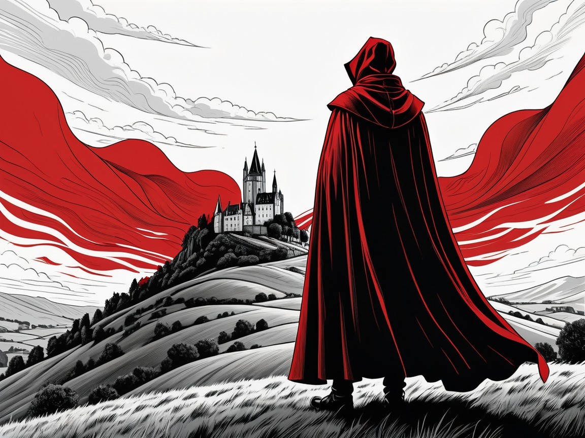 Cloaked Figure Overlooking Castle in Black and White