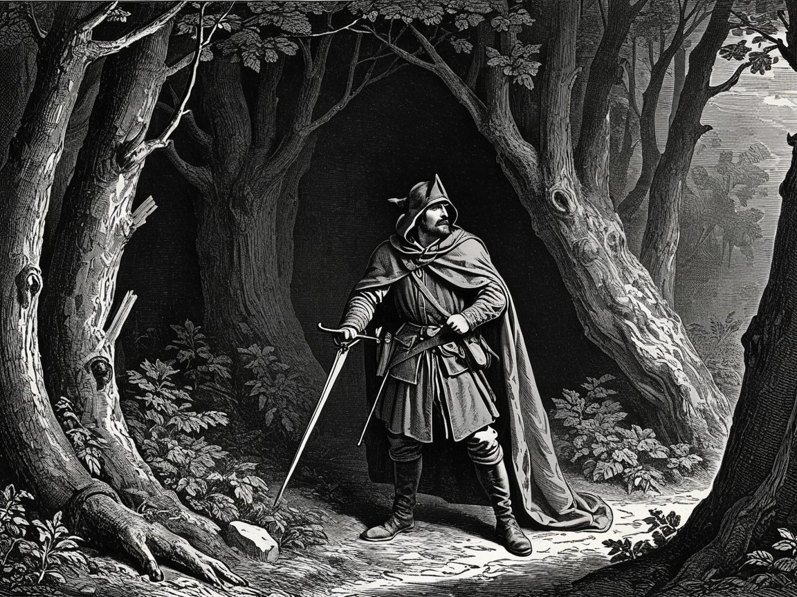 Cloaked Figure with Sword in Shadowy Forest Scene