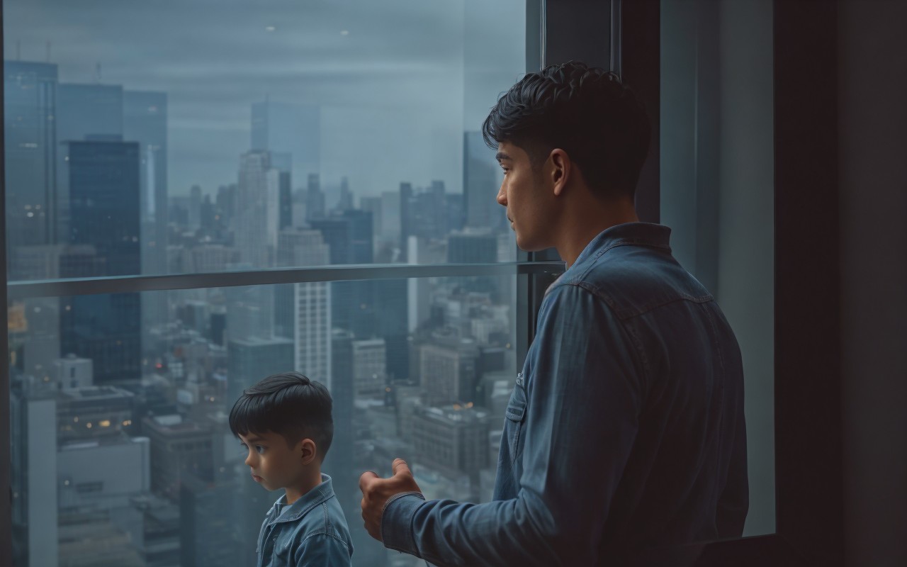 Father and son observing city skyline from window