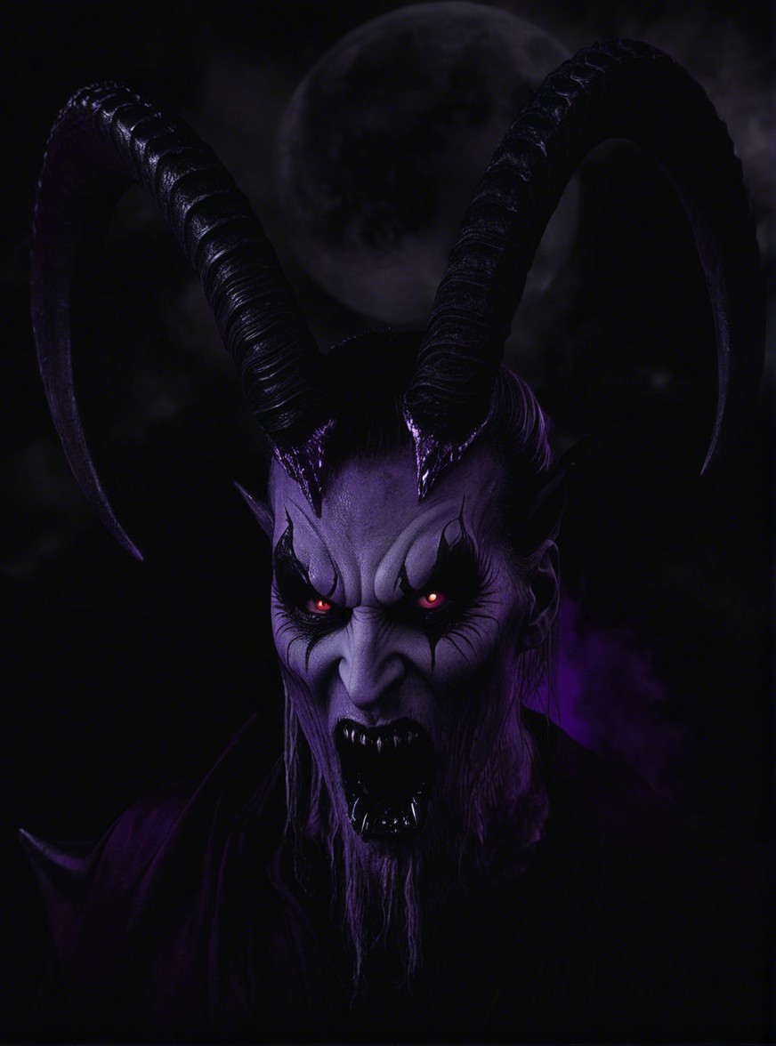 Menacing figure with purple skin and glowing red eyes