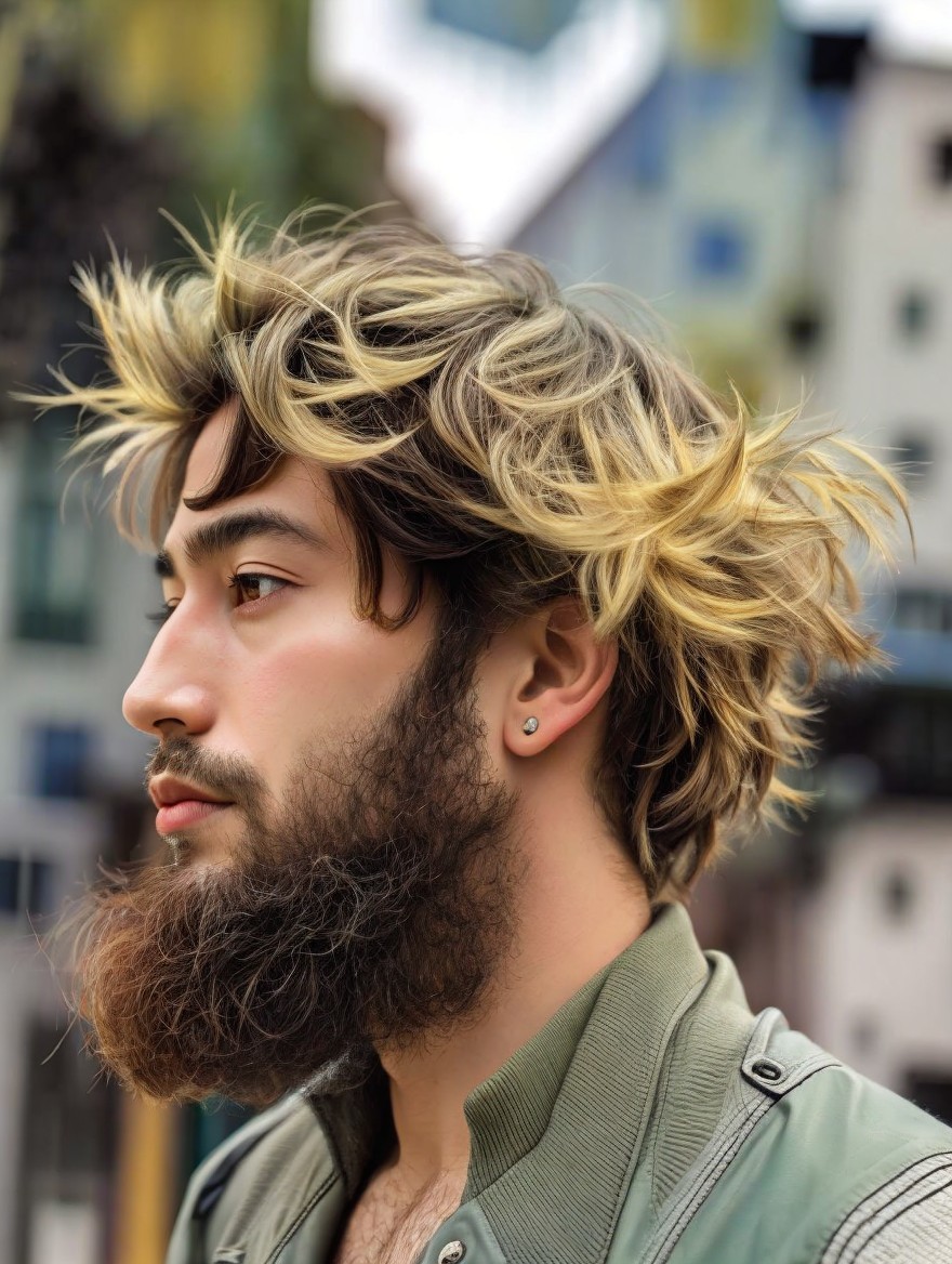 Young man with tousled hairstyle in urban setting