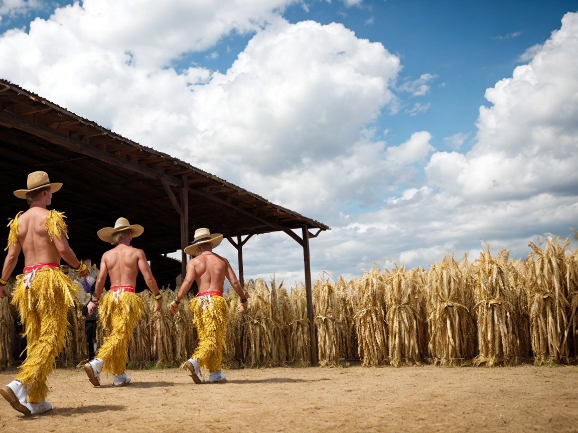 Men in Traditional Straw Costumes in Rural Setting