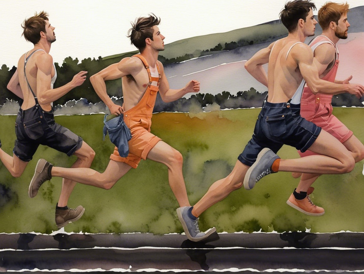 Four Men Running in Colorful Overalls in Nature