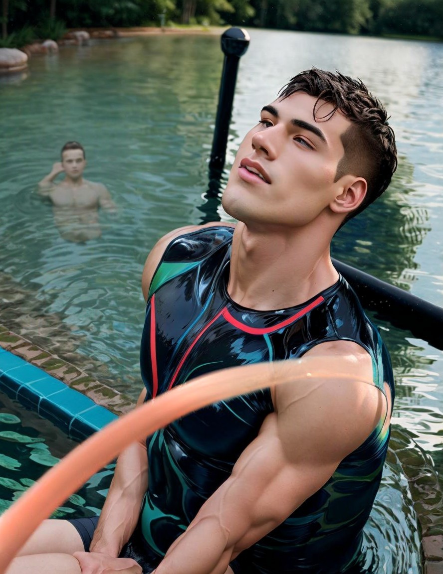 Young man by tranquil pool in stylish swimsuit