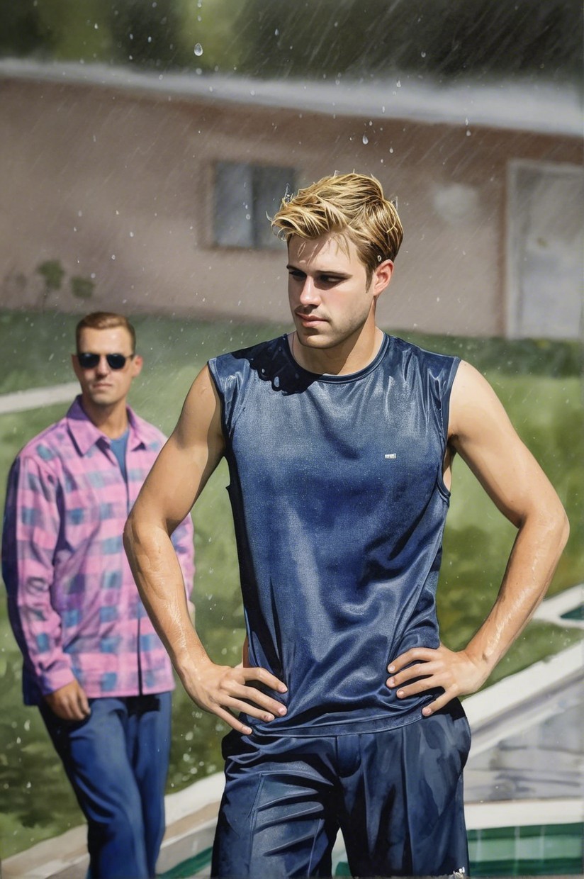 Young man by pool on sunny day with serious expression