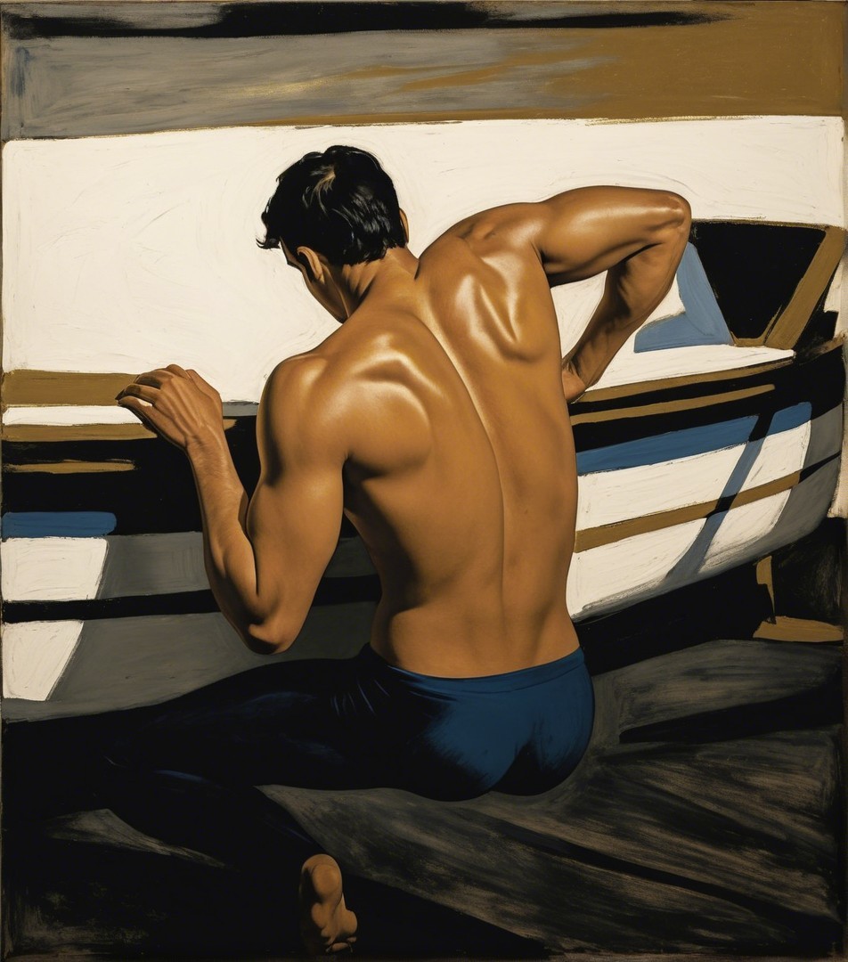 Muscular Male Figure by Boat with Light and Shadow