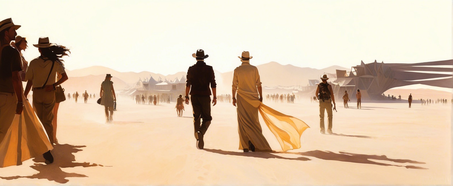Figures in Western Attire in Dusty Landscape Scene
