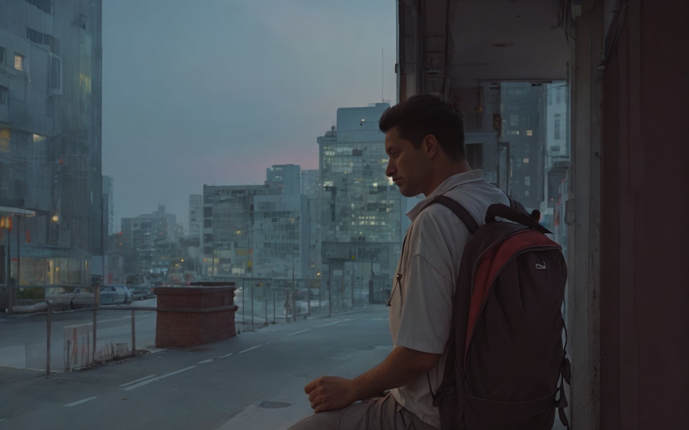 Young man sitting on ledge in urban dusk setting
