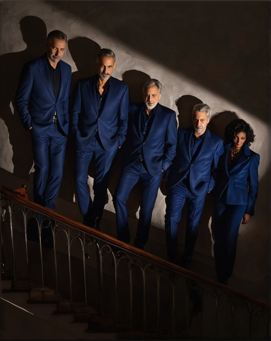 Group of Five in Elegant Blue Suits on Staircase