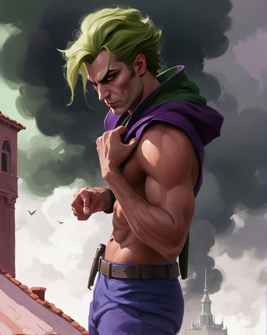 Stylized Character with Green Hair and Purple Cloak
