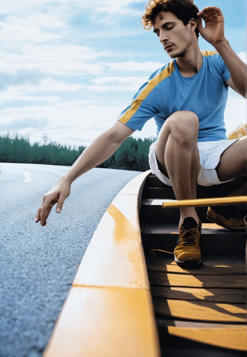 Young man in canoe reaching towards road surface