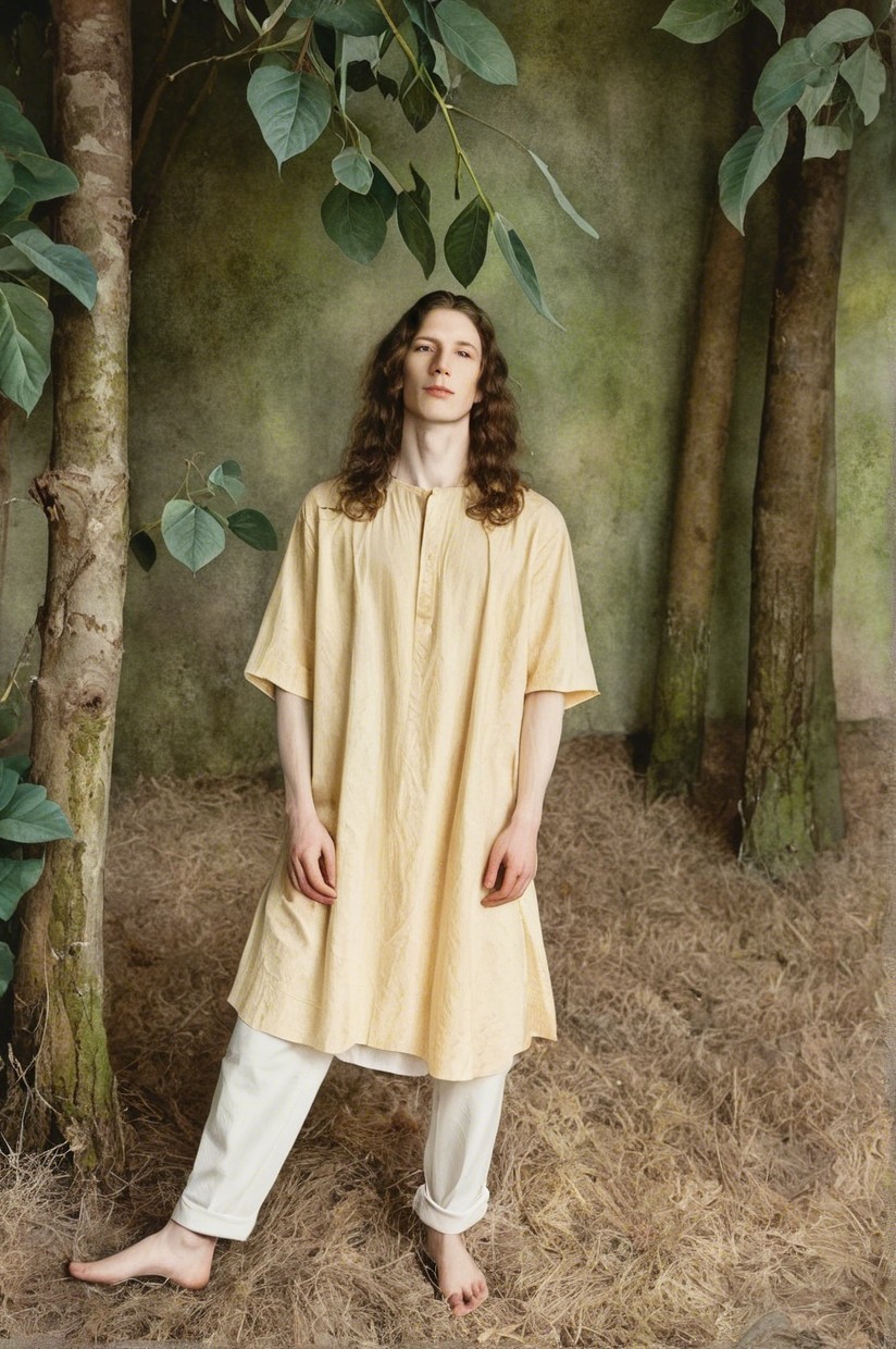 Young person in serene forest wearing yellow tunic