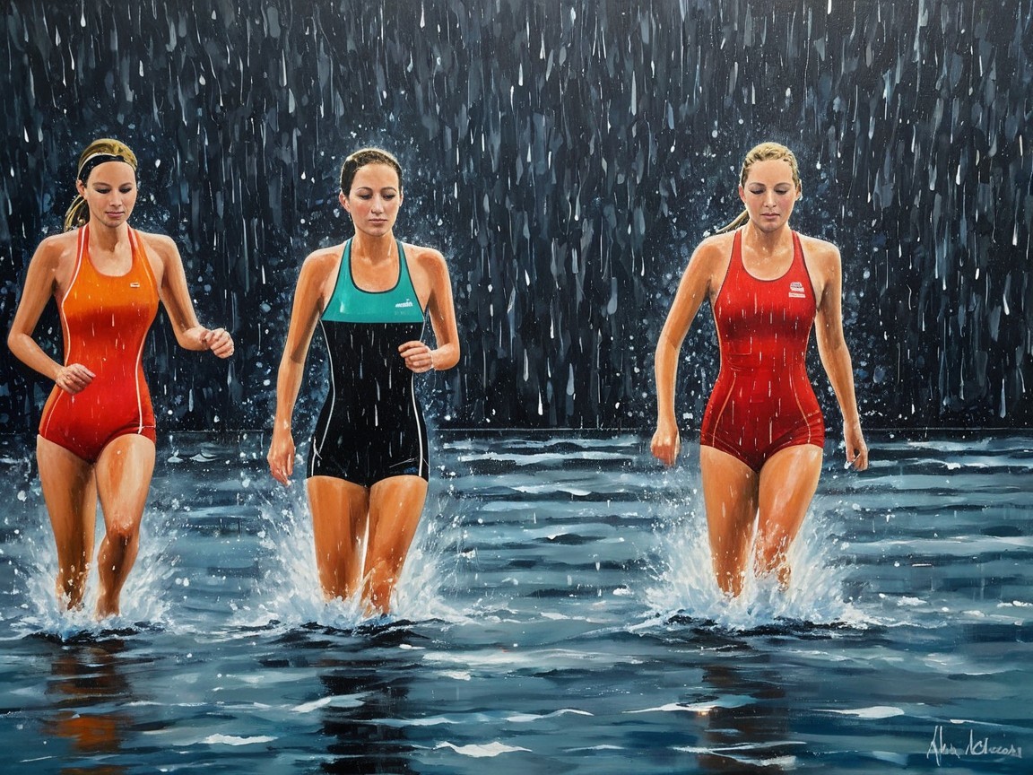 Women in Colorful Swimsuits in Rainy Pool Scene