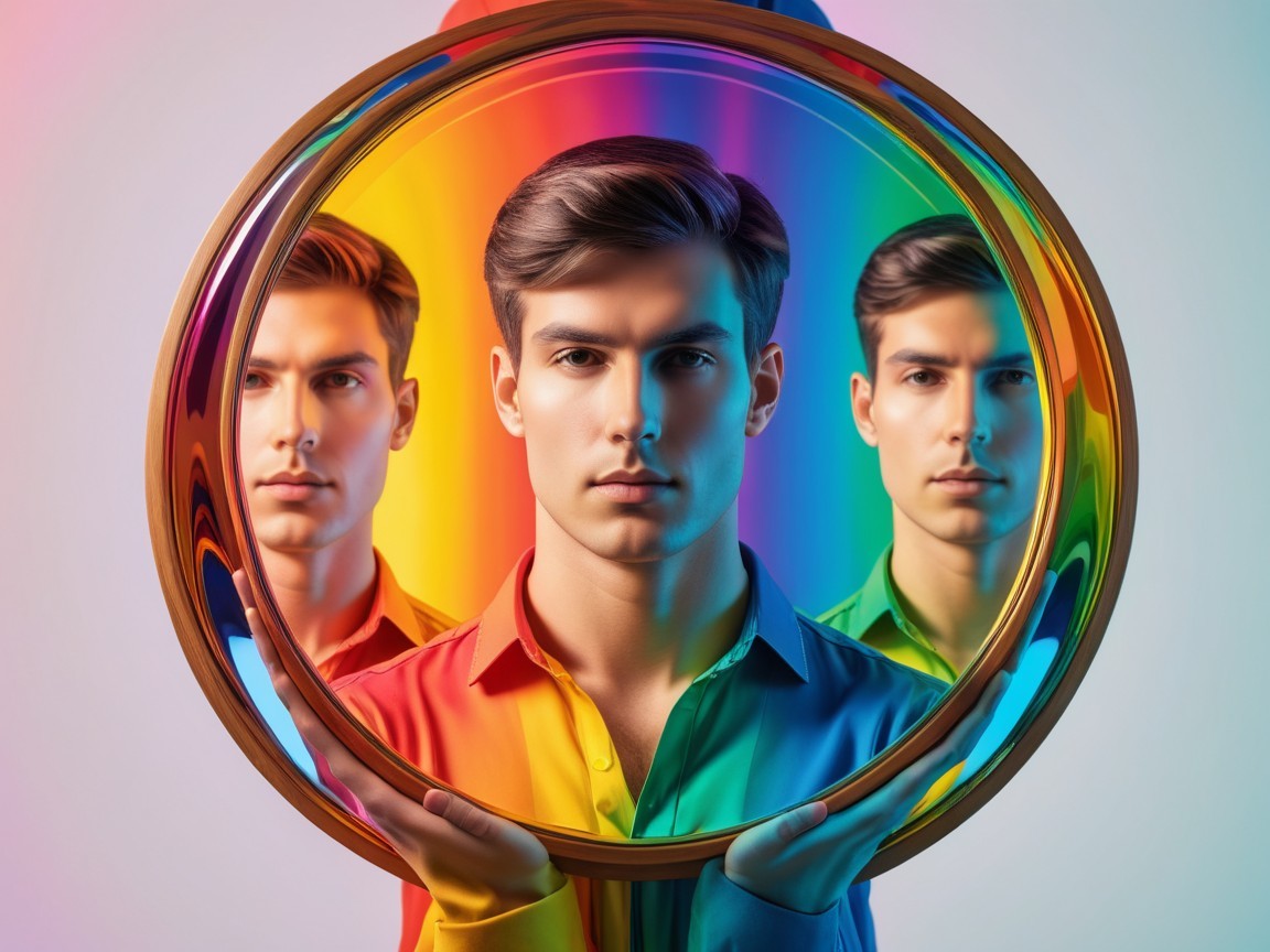 Young man with rainbow mirror reflecting vibrant selves